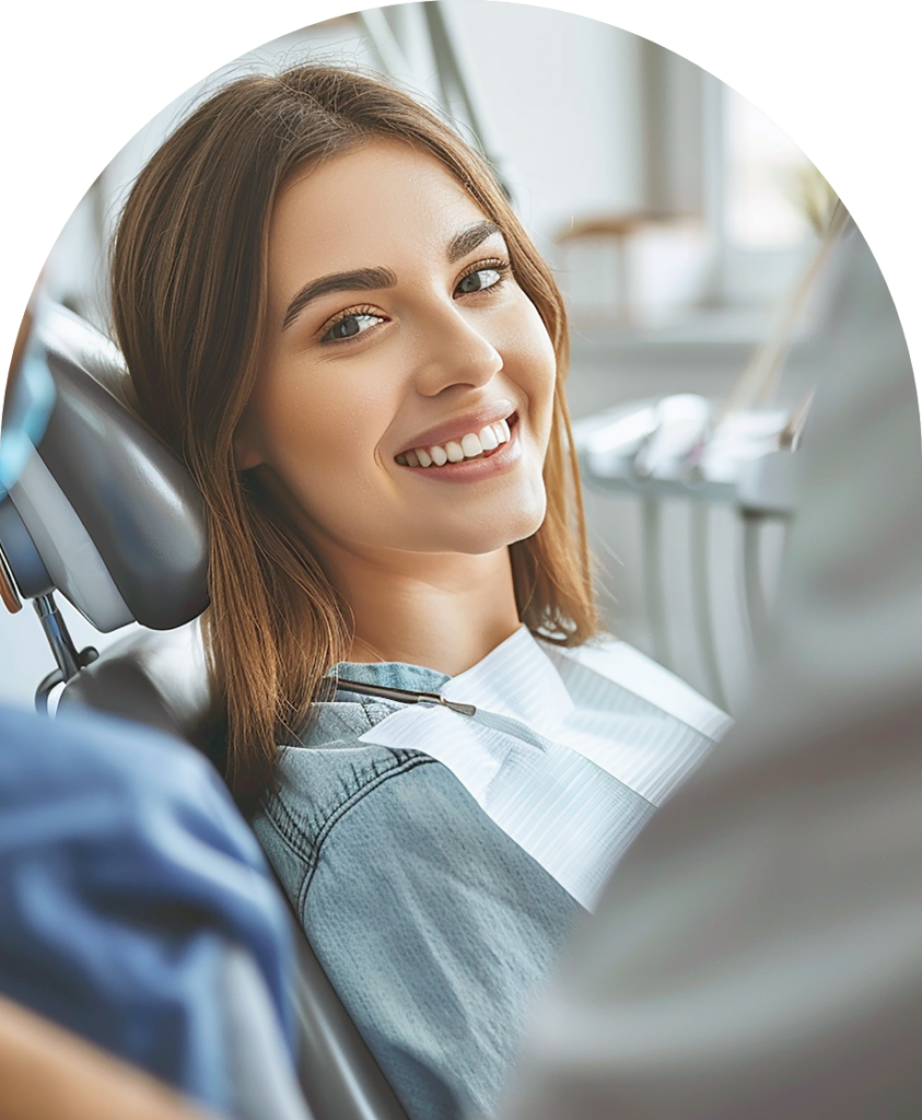 A young woman sits comfortably in a dental chair, smiling brightly at the camera. She is wearing a dental bib, and her long hair is gently flowing over her shoulders. The bright, airy dental office in the background creates a welcoming atmosphere, making her look relaxed and happy during her dental visit.