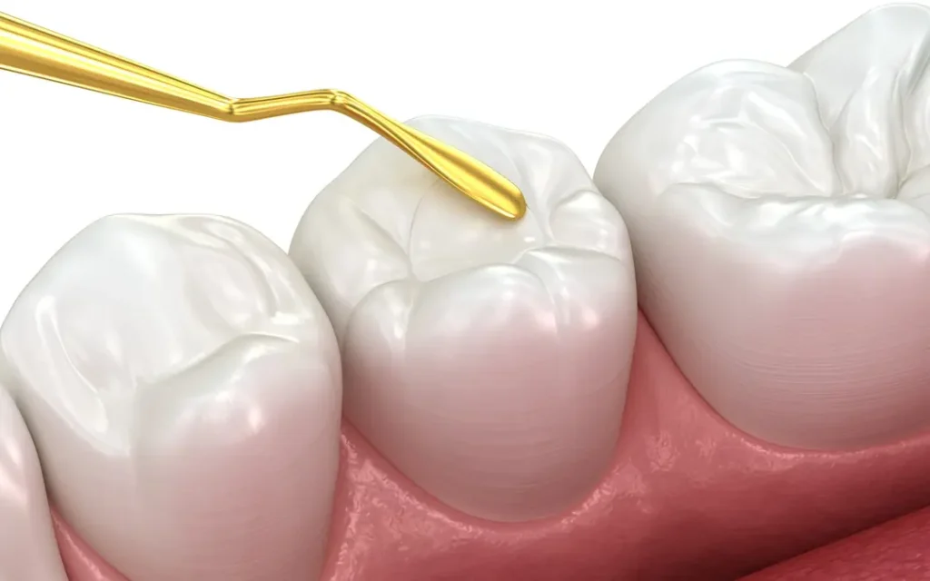 Protective fluoride varnish being applied to a molar to strengthen tooth enamel